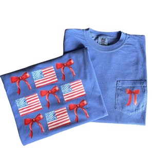 Patriotic Comfort Colors Pocket Tee: American Flag & Red Bow