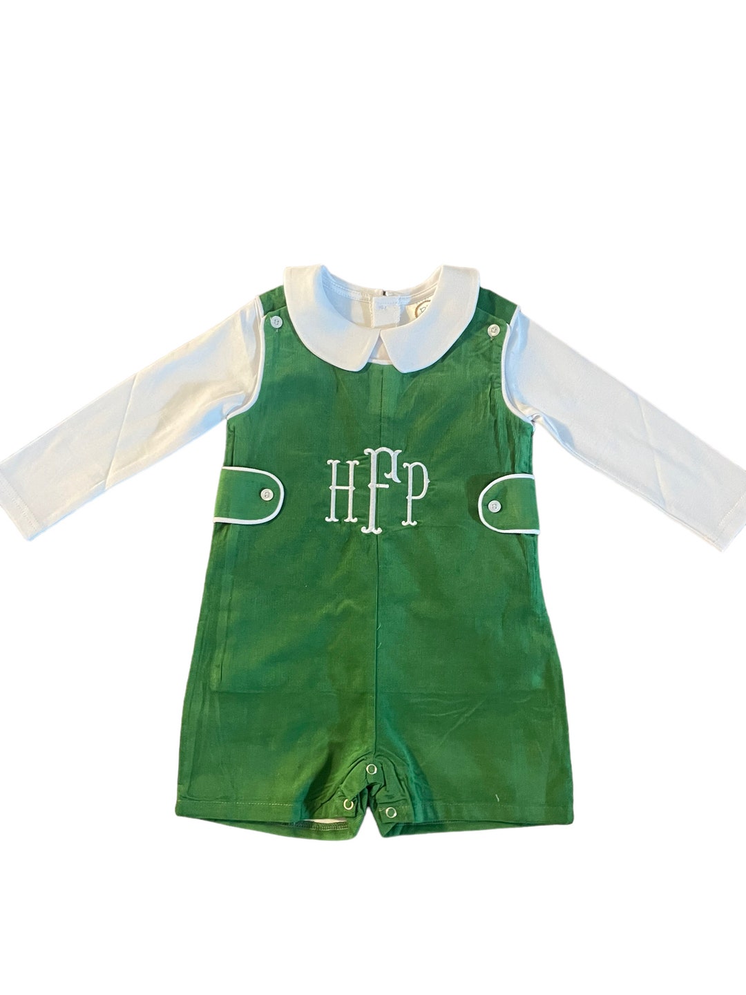 Petit Bebe Baby / Toddler Boys Red Corduroy Jon Jon with Holiday Plaid Trim
