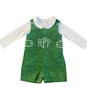 Monogrammed Baby Boy Jon Jon Set • Green Romper with Peter Pan Shirt & Socks • Holiday Outfit • Personalized Heirloom Baby Gift