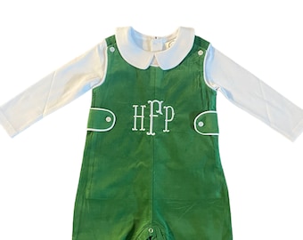 Monogrammed Baby Boy Jon Jon Set • Green Romper with Peter Pan Shirt & Socks • Holiday Outfit • Personalized Heirloom Baby Gift