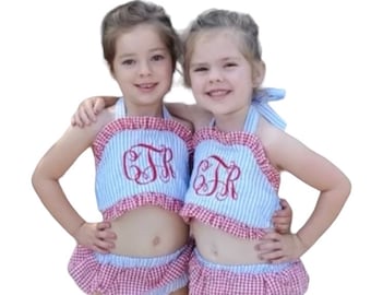 costume da bagno per ragazze, due pezzi, costume da bagno con volant in seersucker, costumi da bagno per ragazze boutique vuoti, costume da bagno con monogramma, costume da bagno personalizzato per bambini