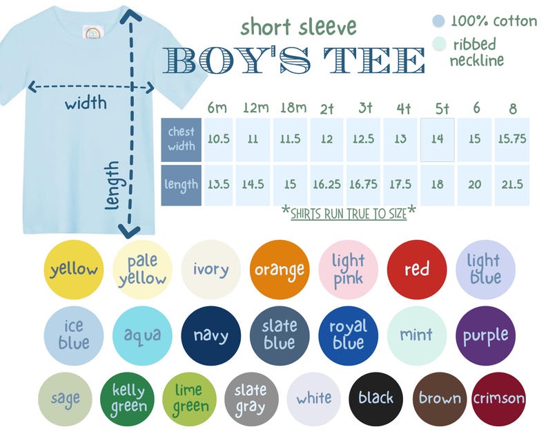 Puede incluir: Una camiseta de manga corta azul claro para ni&ntilde;o, con opciones de talla y color. La camiseta tiene cuello acanalado y est&aacute; hecha de 100% algod&oacute;n. Las opciones de color incluyen amarillo, naranja, rojo y morado.