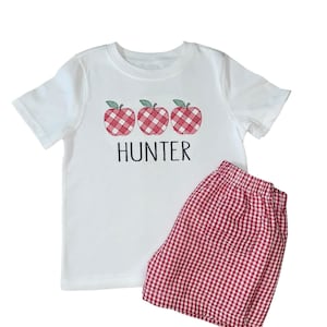 Personalized Back-to-School Outfit • Gingham Apple Shirt & Shorts Set • Embroidered Name Tee • Toddler First Day of School Outfit