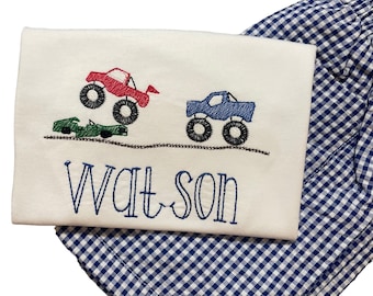 Traje de Monster Truck personalizado: camisa bordada y pantalones cortos de cuadros