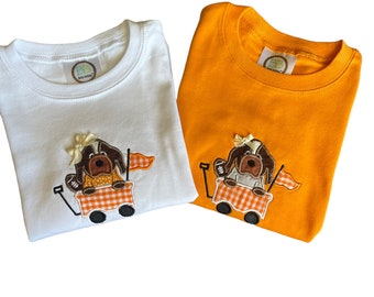 Girls Fall Dog Shirt • Embroidered Puppy in Wagon Appliqué • Toddler Football Shirt • Game Day Shirt • Orange Gingham Dog Tee