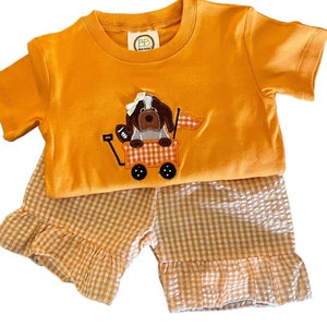 Puede incluir: Conjunto de camiseta naranja de manga corta y pantal&oacute;n corto a juego. La camiseta presenta un perro bordado en un vag&oacute;n con un bal&oacute;n de f&uacute;tbol y una bandera. Los pantalones cortos son de patr&oacute;n de cuadros vichy con un dobladillo con volantes. La camiseta tiene una peque&ntilde;a etiqueta circular con las letras "BB".