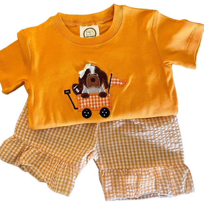 Puede incluir: Conjunto de camiseta naranja de manga corta y pantal&oacute;n corto a juego. La camiseta presenta un perro bordado en un vag&oacute;n con un bal&oacute;n de f&uacute;tbol y una bandera. Los pantalones cortos son de patr&oacute;n de cuadros vichy con un dobladillo con volantes. La camiseta tiene una peque&ntilde;a etiqueta circular con las letras "BB".
