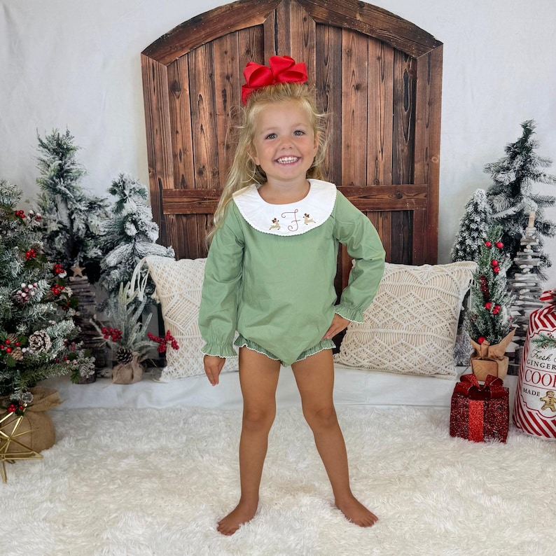 Monogrammed Baby Girl Christmas Romper: Corduroy Holiday Outfit sage bubble only
