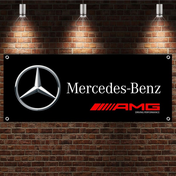 MERCEDES Logo Banner Vinyl, Garagenschild, Büro oder Ausstellungsraum, Flagge, Rennplakat, Auto-Auto-Shop, Auto-Poster, Garagen-Dekor, Geschenk