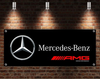 MERCEDES Logo Banner Vinyl, Garagenschild, Büro oder Ausstellungsraum, Flagge, Rennplakat, Auto-Auto-Shop, Auto-Poster, Garagen-Dekor, Geschenk