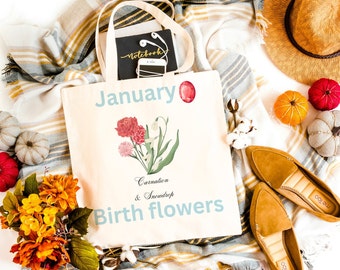 Januari geboorte bloemen & geboorte edelsteen canvas draagtas