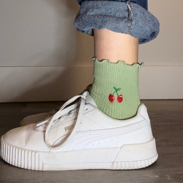 Women’s Cherry Embroidered Ruffle Crew Socks