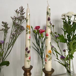 Ivory Hand Painted Flowers and Leaves Candle - Painted Candles. Bespoke Candles. Home Decor. Gifts. Spring. Summer. Tablescape.