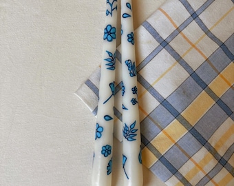 Hand Painted Blue Flowers Taper Candle: Bespoke Ivory Dinner Candles. Floral Spring Summer Decor.