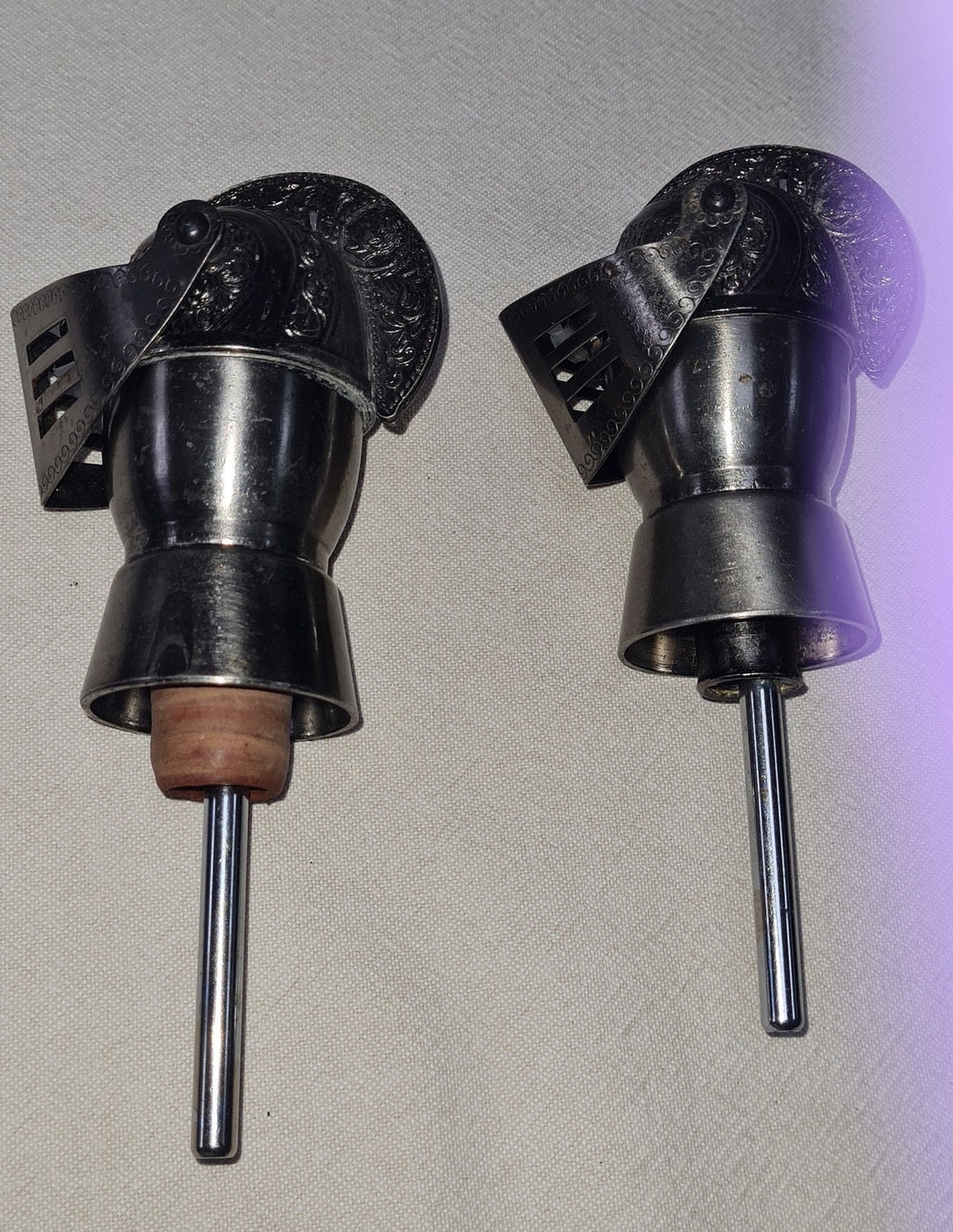 Vintage French Knight Helmet Liquor Pourer X2, Medieval Theme, Home Bar