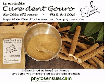 Simple rapide puissant : Poudre de Cure Dent Gouro pure à 100% (non coupée) avec dosette !!! Broyée et débactérisée en laboratoire Français