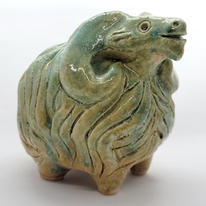 Handmade Ceramic Ram Figurine Soft Green Textured Ribbed Glaze Unique Home Decor Gift