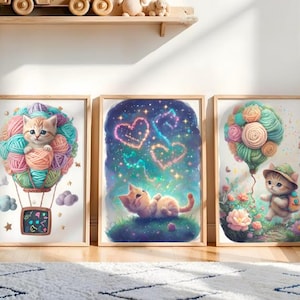Whimsical Kitten Wall Art | Digital Download | Printable Girls Bedroom Art | Cute Cat on adventure| Instant Download