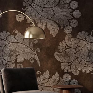 Damask Ornate Floral Brown Wallpaper Victorian Wall Mural, Antique Moody Home Decor, Elegant Living Room Wall Art