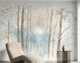 Watercolor Birch Forest Blue Mural Wallpaper, Serene Nature Wall Decal, Large Scale Modern Art, Dreamy Landscape Home Decor