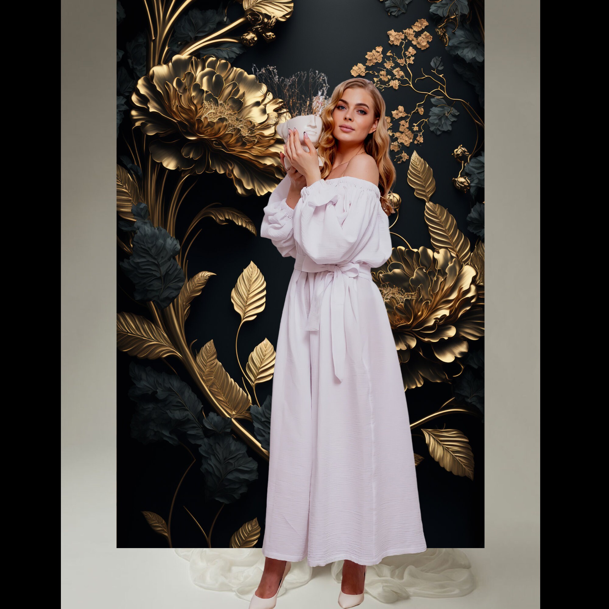 Black and Gold Floral Wall Digital Backdrop Overlays Etsy