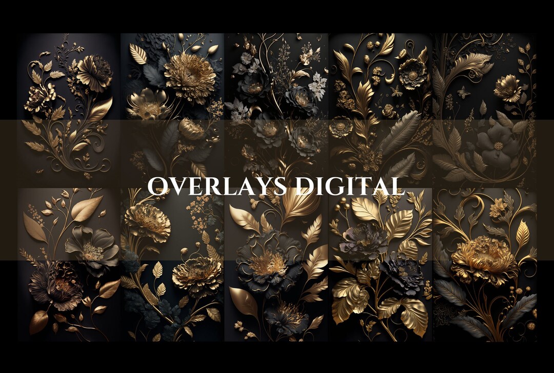 Black and Gold Floral Wall Digital Backdrop Overlays Etsy