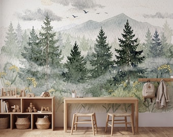 Misty Pine Forest Watercolor Wallpaper Mountain Nature Wall Mural, Sage Green Woodland Earthy Kids Playroom Nursery Decor