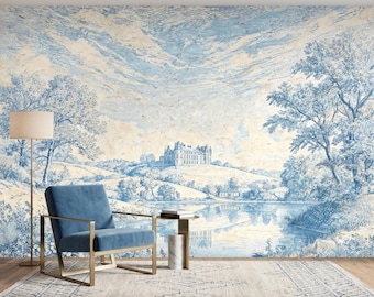 Blue Chateau Scenic Wallpaper Mural, French Country Landscape Toile Decor, Grandmillennial Style Chinoiserie Wall Art