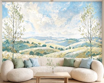 Serene Countryside Landscape Oil Painting Wall Mural Blue Nature Aesthetic, Abstract Rolling Hills Decor, Wall Art, Scenic Decal