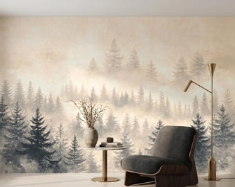 Foggy Pine Forest Watercolor Wallpaper Mural, Misty Pine Tree Wall Decor, Nature Inspired Accent Wall, Boho Woodland Nursery Decor