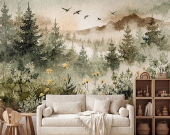 Watercolor Forest Mountain Wallpaper Mural, Woodland Nursery Wall Decor, Sage Green Pine Tree Nature Art
