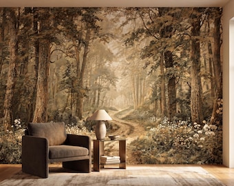 Sepia Woodland Oil Painting Forest Enchanted Path Wallpaper Mural, Rustic Nature Art Wall Decal