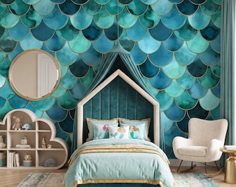 Mermaid Scale Teal Blue Watercolor Wallpaper, Nursery Accent Wall Decor, Coastal Beach House Aesthetic Wall Art