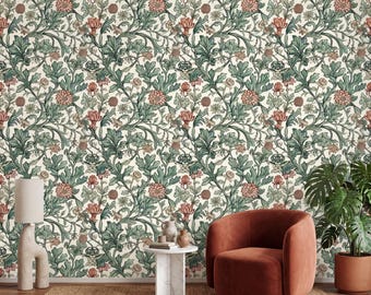 Sage Green Floral William Morris Peel and Stick Wallpaper, Art Nouveau Floral and Crafts Style Vinyl Mural Wallpaper