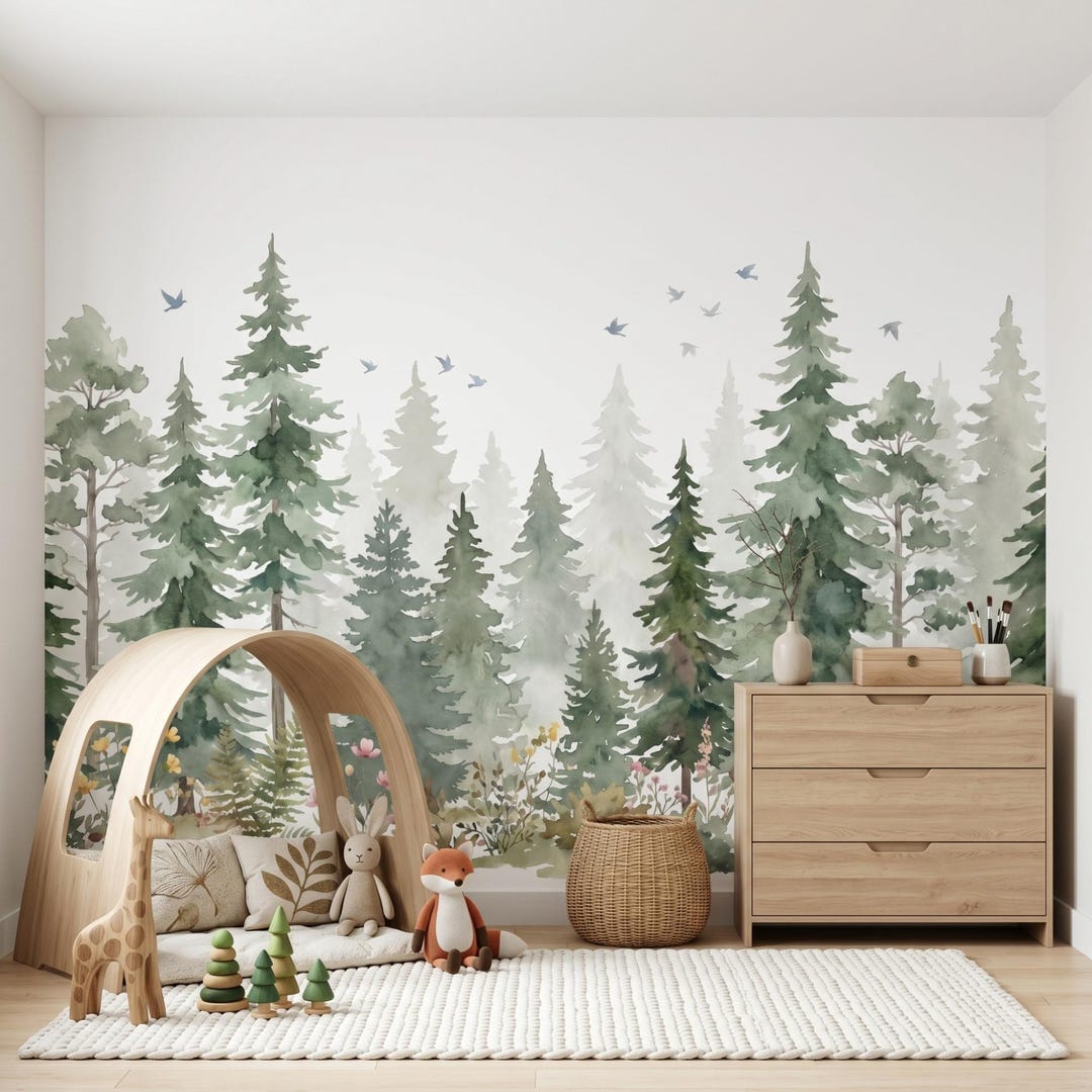 Pine Tree Forest Nursery Woodland Mural Peel and Stick Wallpaper, Kids ...