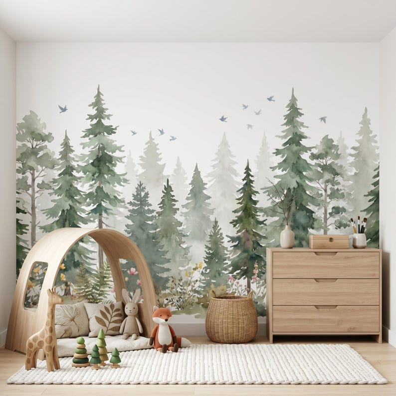 Pine Tree Forest Nursery Woodland Mural Peel and Stick Wallpaper, Kids ...