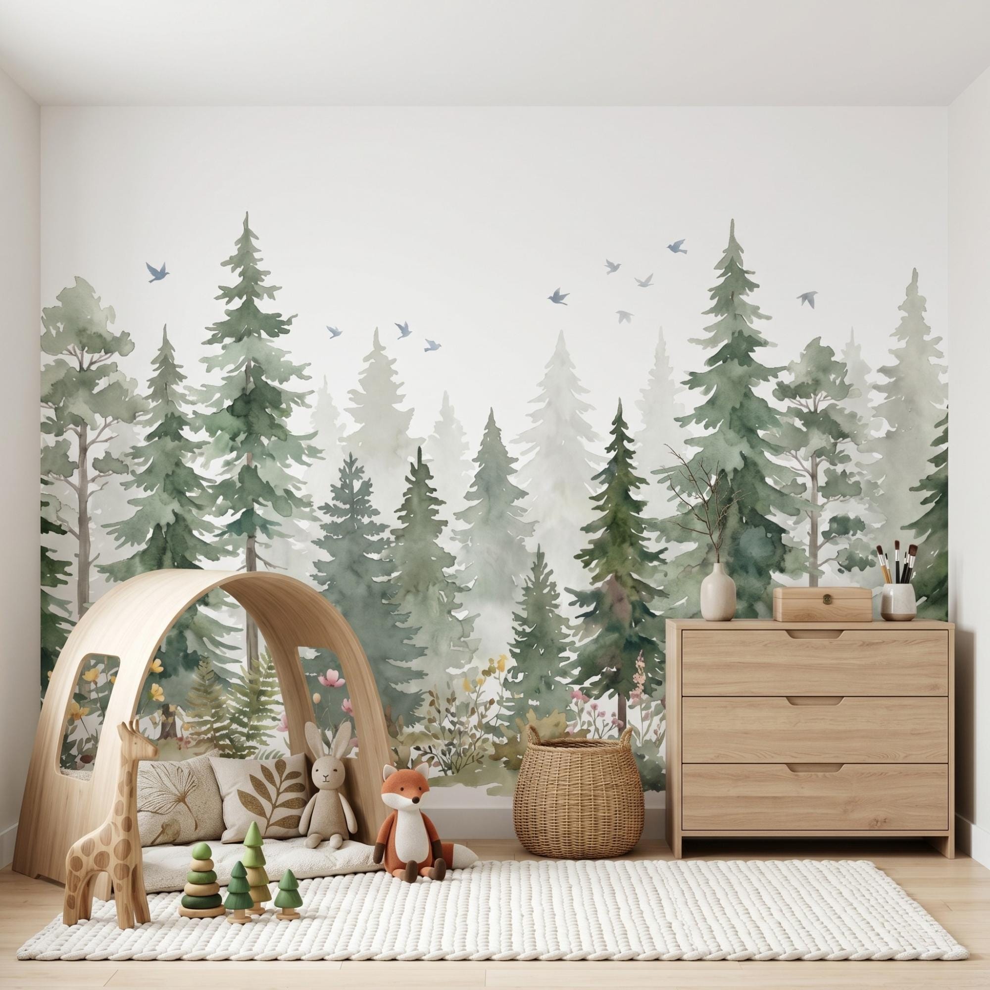 Pine Tree Forest Nursery Woodland Mural Peel and Stick Wallpaper, Kids ...