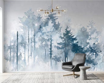 Blue Watercolor Forest Misty Pine Wall Mural, Ethereal Nature Wallpaper, Calm Minimalist Living Room Decor, Abstract Woodland Art