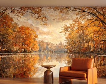 Autumn Impressionist Forest Landscape Wallpaper Mural, Nature Wall Decor, Rustic Orange Fall Scenery, Warm Autumn Lake Mural
