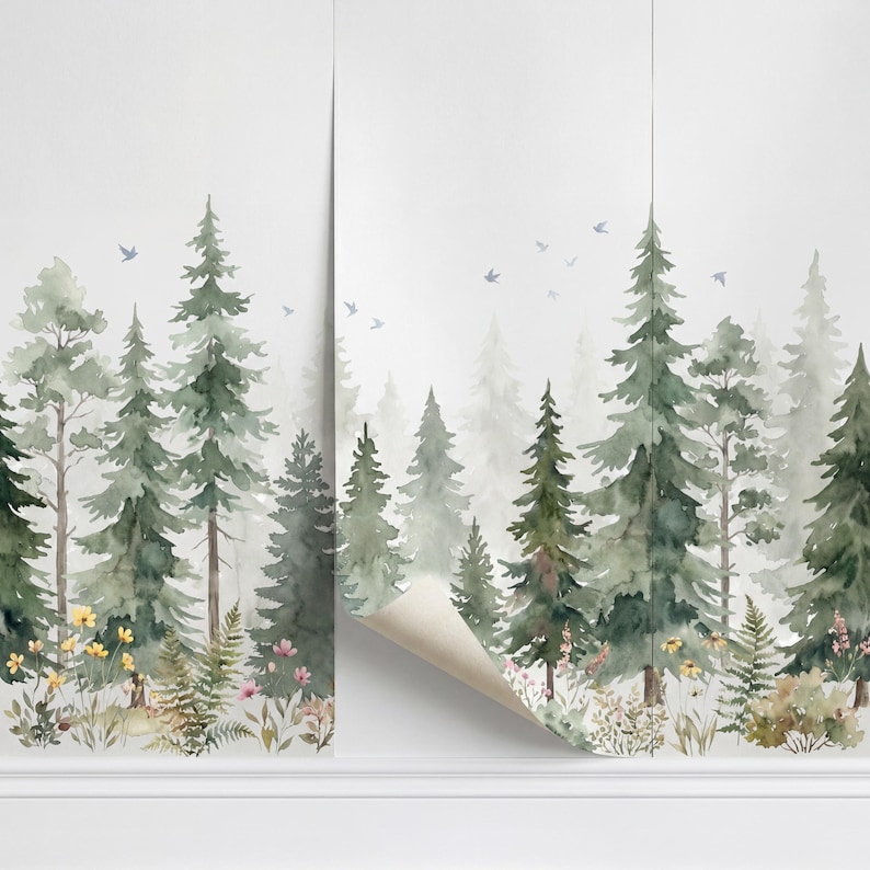 Pine Tree Forest Nursery Woodland Mural Peel and Stick Wallpaper, Kids ...