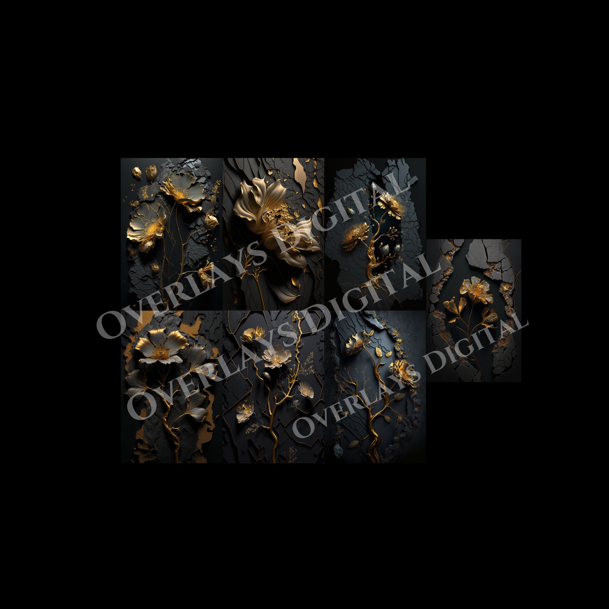 Black and Gold Floral Wall Digital Backdrop Overlays Etsy