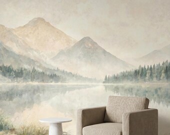 Mountain Lake Landscape Watercolor Wallpaper Mural, Neutral Nature Decor, Zen Reflection Wall Art, Earthy Misty Forest Wall Decal