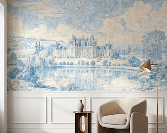 Blue French Toile Chateau Landscape Vintage Wallpaper Mural, Classic European Estate Wall Decor, Grandmillennial Scenic Mural