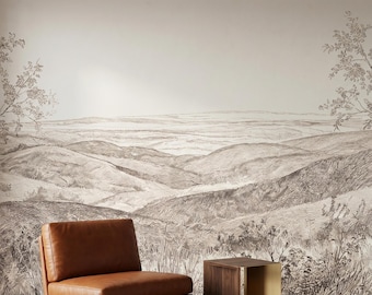 Neutral Hand Drawn Toile Sketch Landscape Mural Wallpaper Decor, Rustic Rolling Hills Wall Mural