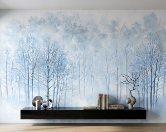 Misty Blue Watercolor Forest Wall Mural Peel and Stick Wallpaper, Ethereal Woodland Nursery Decor, Serene Nature Wall Art