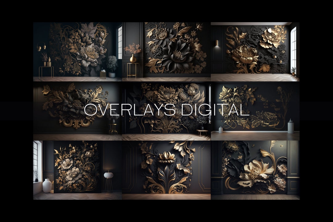 Black and Gold Floral Wall Digital Backdrop Overlays, Maternity