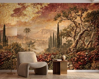 Tuscan Landscape Oil Painting Mural Wallpaper, Vintage Italian Scenery Wall Decor, Warm Earth Tone Peel and Stick