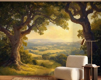 Tuscan Valley Oak Tree Impressionist Landscape Oil Painting Wall Mural, Vintage Countryside Scenic Wallpaper
