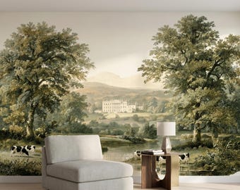 Muted Green Pastoral Landscape Oil Painting Wall Mural, Antique Estate Wallpaper, Scenic Fine Art Decor, Country Manor Aesthetic