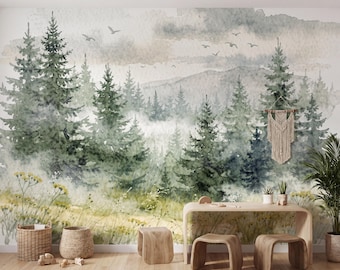 Muted Green Pine Forest Mountain Woodland Nursery Watercolor Mural Wallpaper, Nature Misty Wall Decal, Inspired Decor, Whimsical Tree Wall